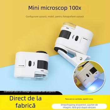 Mini microscop optic pentru observații biologice, corp din ABS + lentile PMMA, cu clemă, 100x mărire