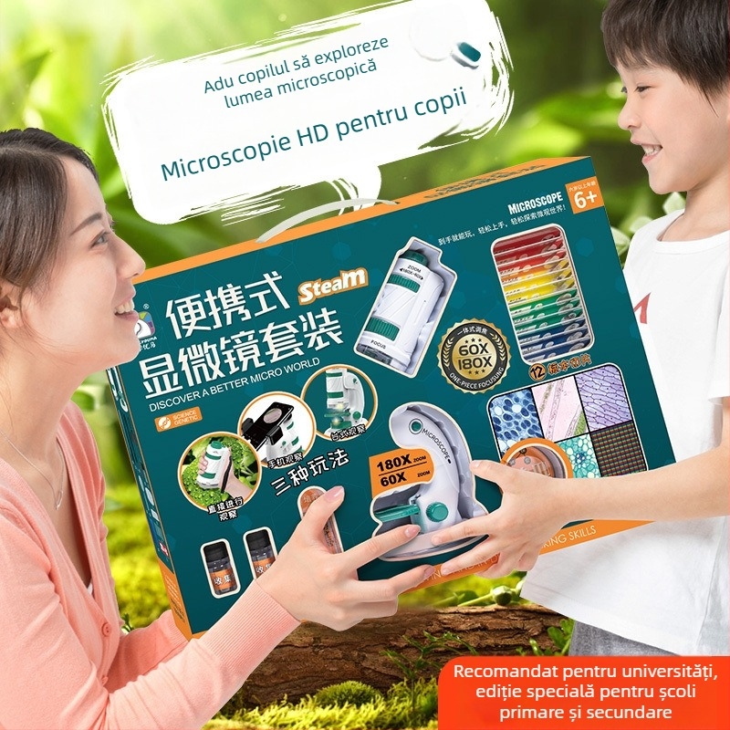 Microscop Portabil pentru Copii – Kit de Biologie pentru Educație, Set Cadou, Multifuncțional, DIY