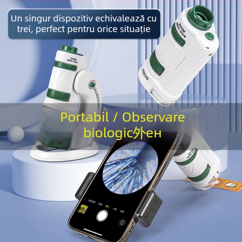 Microscop Portabil pentru Copii – Kit de Biologie pentru Educație, Set Cadou, Multifuncțional, DIY
