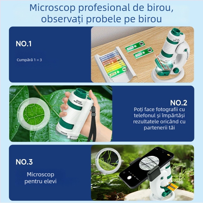 Microscop Portabil pentru Copii – Kit de Biologie pentru Educație, Set Cadou, Multifuncțional, DIY