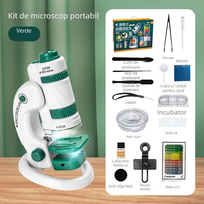Microscop Portabil pentru Copii – Kit de Biologie pentru Educație, Set Cadou, Multifuncțional, DIY