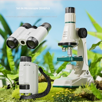 Kit educațional de experimente științifice cu microscop și telescop binoclu de înaltă putere; material plastic; vârsta 7–14 ani; marcă Learn from Yuma; origine: Guangdong, China.
