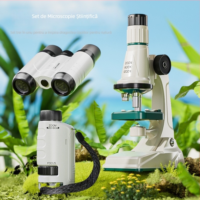 Kit educațional de experimente științifice cu microscop și telescop binoclu de înaltă putere; material plastic; vârsta 7–14 ani; marcă Learn from Yuma; origine: Guangdong, China.