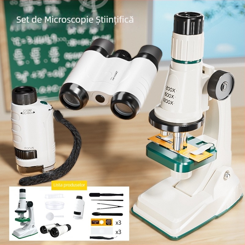 Kit educațional de experimente științifice cu microscop și telescop binoclu de înaltă putere; material plastic; vârsta 7–14 ani; marcă Learn from Yuma; origine: Guangdong, China.