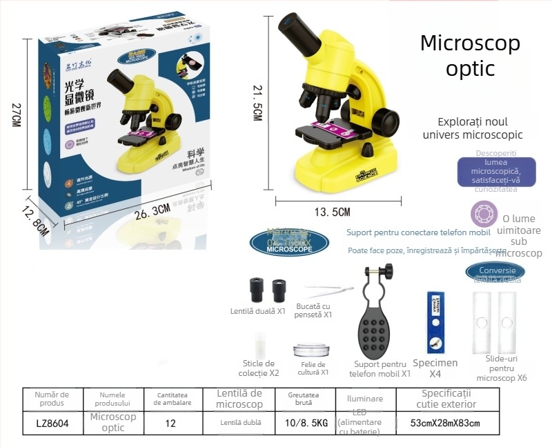 Microscop educațional de biologie/chimie pentru copii, corp ABS, DIY, non-electric, 7–14 ani, Brand Blue Bamboo Culture