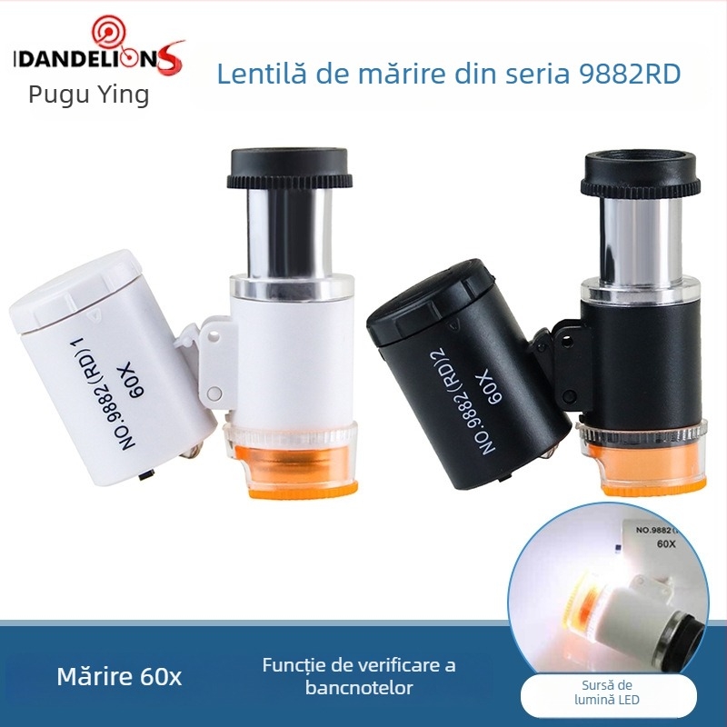 Mikroscop portabil de buzunar cu iluminare LED și detecție UV a bancnotelor, mărire 60x, identificarea bijuteriilor și relicvelor culturale