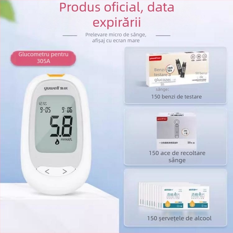 Glucometru cu benzi de test ambalate individual, pentru uz casnic, tester complet automat, cod de calibrare 306; Brand Leaping Fish