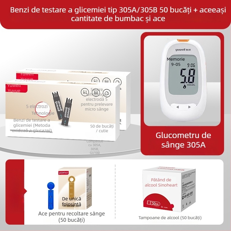 Glucometru cu benzi de test ambalate individual, pentru uz casnic, tester complet automat, cod de calibrare 306; Brand Leaping Fish