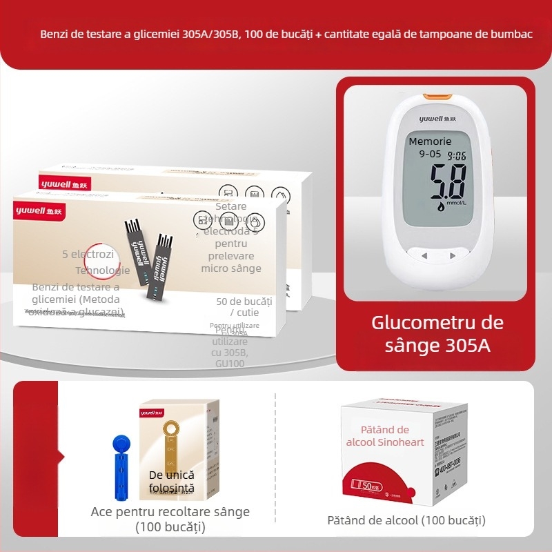 Glucometru cu benzi de test ambalate individual, pentru uz casnic, tester complet automat, cod de calibrare 306; Brand Leaping Fish