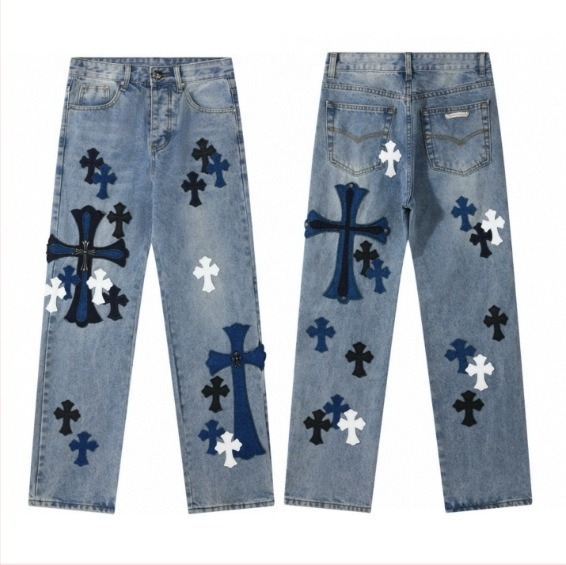 Jeans croială dreaptă cu imprimeu, talie înaltă, fermoar, țesătură japoneză