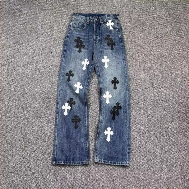 Jeans croială dreaptă cu imprimeu, talie înaltă, fermoar, țesătură japoneză