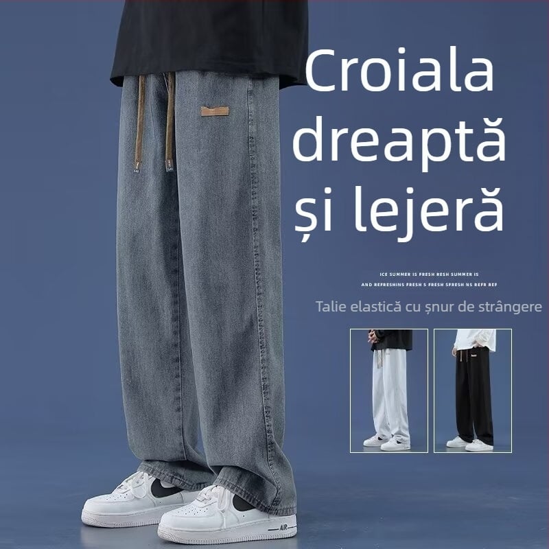 Blugi bărbați – toamnă, largi și drepți, talie medie, fermoar, poliester 95%