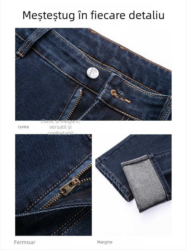 Jeans bărbați denim din bumbac-elastan, spălare cu apă, croială dreaptă, talie medie, fermoar
