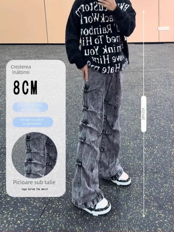 Jeanși denim bărbați cu croială dreaptă, talie medie, fermoar, spălați, 72% bumbac