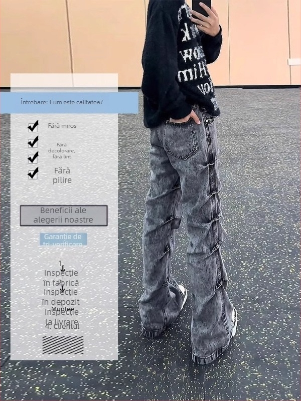 Jeanși denim bărbați cu croială dreaptă, talie medie, fermoar, spălați, 72% bumbac