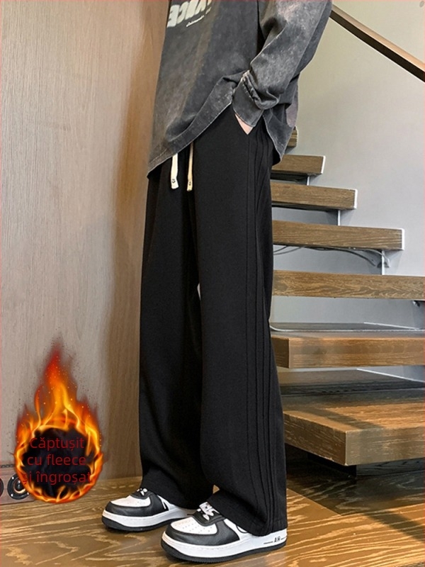 Pantaloni cu căptușeală din fleece, croială lejeră, model dungat, talie medie