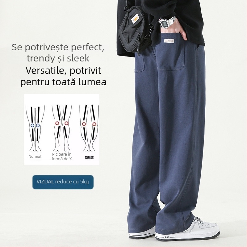 Pantaloni casual pentru bărbați, drepti, din amestec de bumbac, talie medie, închidere cu șnur, primăvară-toamnă, uni, fără călcare