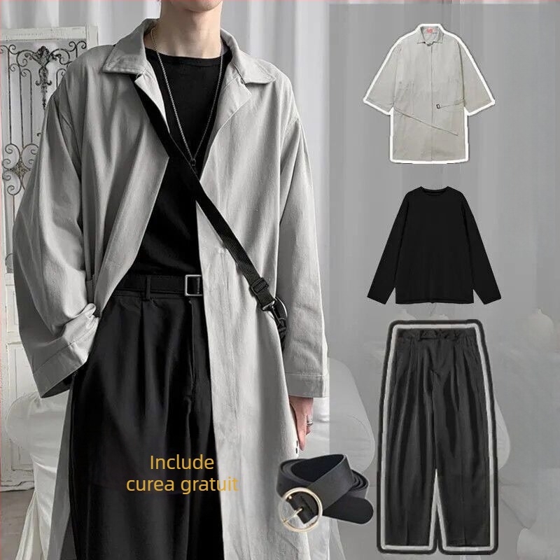 Set de trei piese pentru bărbați, versiune coreeană, gulă înălțată, închidere cu nasturi, croială subțire, țesătură modal, căptușeală 81-90%, palton de primăvară 2025