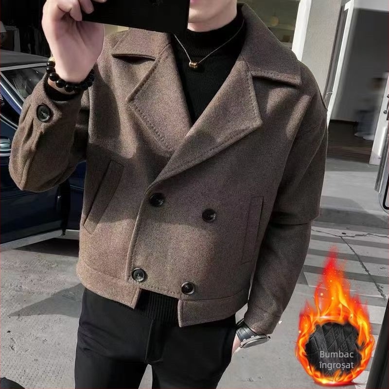 Palton bărbătesc scurt în stil britanic, guler stil sacou, închidere cu nasturi simpli, căptușală 95%+