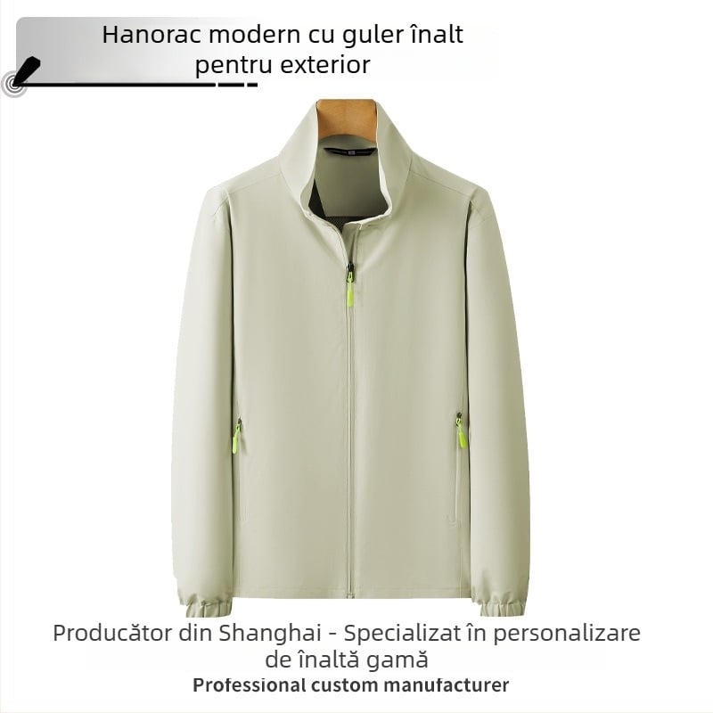 Jachetă ușoară pentru bărbați cu guler înalt și fermoar, mâneci scurte, poliester, respirabilă și uscare rapidă