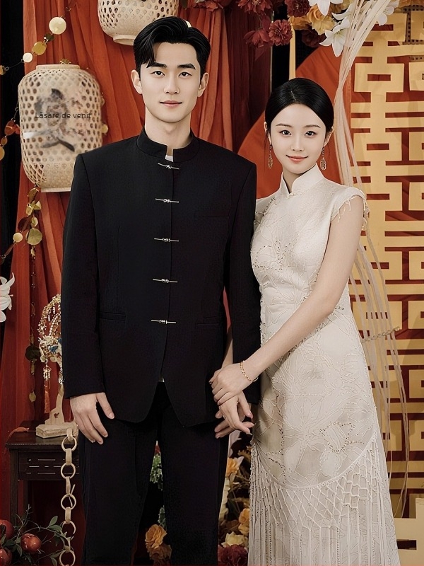 Costum Western în stil chinezesc — guler înalt, închidere cu nasturi, 100% poliester, croială lejeră, buzunare 3D patch