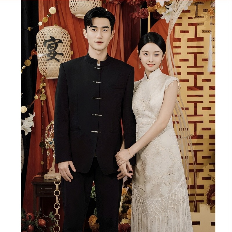 Costum Western în stil chinezesc — guler înalt, închidere cu nasturi, 100% poliester, croială lejeră, buzunare 3D patch