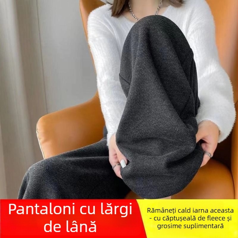 Pantaloni femei cu croială largă din țesătură lână, 80–90% lână, lungi, casual iarnă 2025