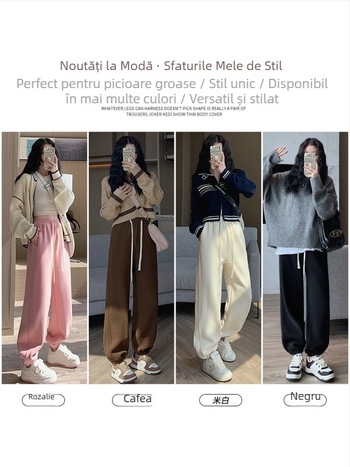 Pantaloni trening pentru femei, talie înaltă, croială lejeră, fleece interior, material poliester-spandex, rezistenți la vânt