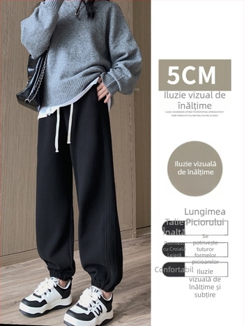 Pantaloni trening pentru femei, talie înaltă, croială lejeră, fleece interior, material poliester-spandex, rezistenți la vânt