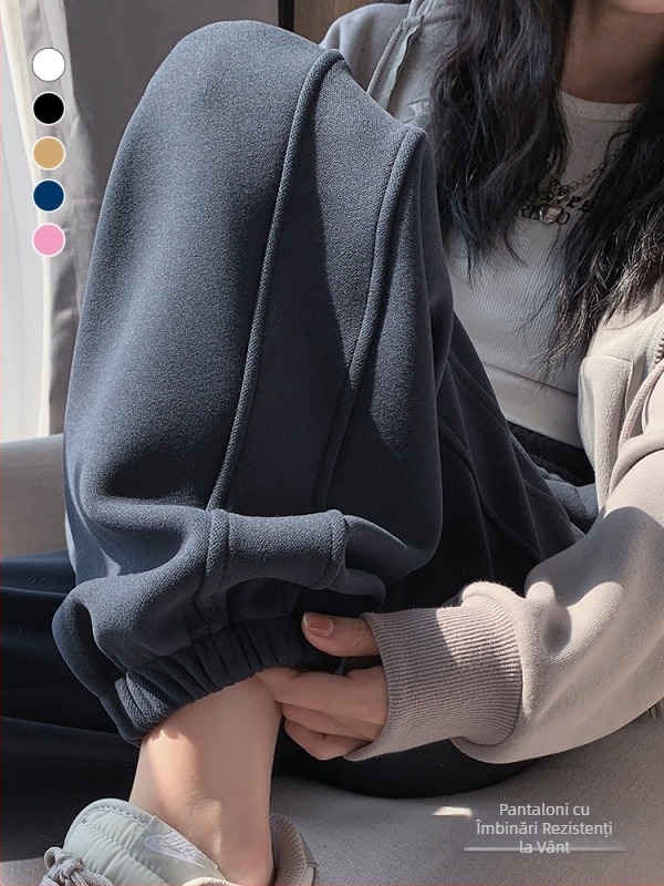 Pantaloni trening pentru femei, talie înaltă, croială lejeră, fleece interior, material poliester-spandex, rezistenți la vânt