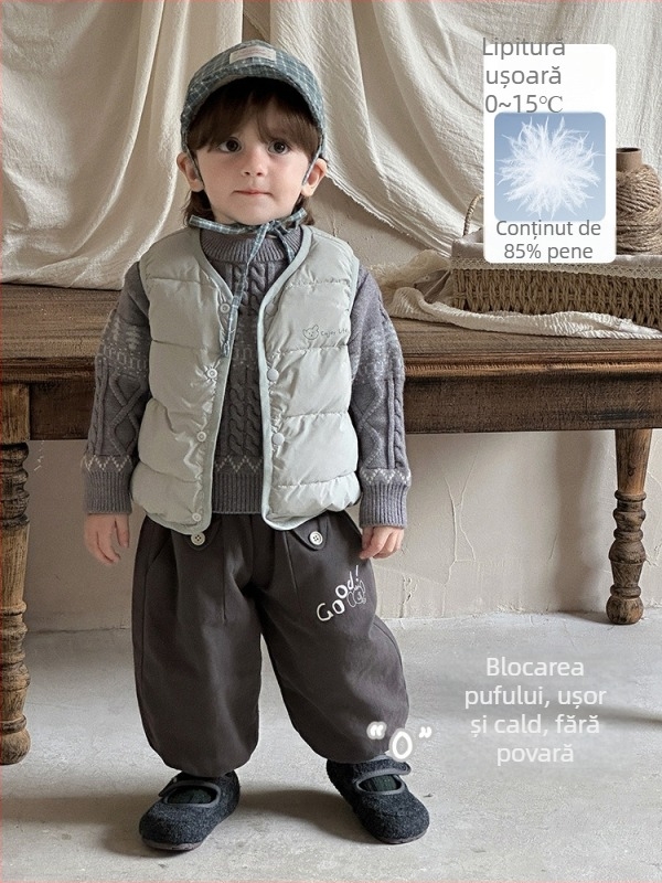 Vesta de puf pentru copii, stil coreean, fără mâneci, căptușită și groasă, pentru vârsta 1–3 ani, cu puf de gâscă alb 86–90%, model desen animat, închidere cu un singur rând de nasturi