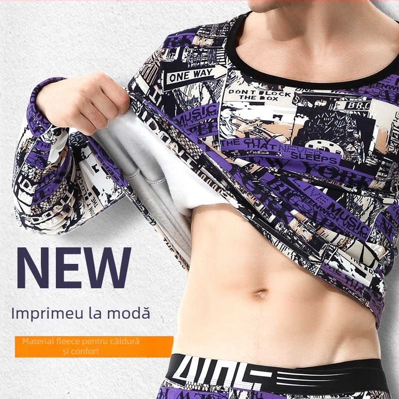 Tricou de bază pentru bărbați din poliester cu căptușeală de fleece, guler rotund, mâneci lungi, greutate moderată 161-180 g/m2