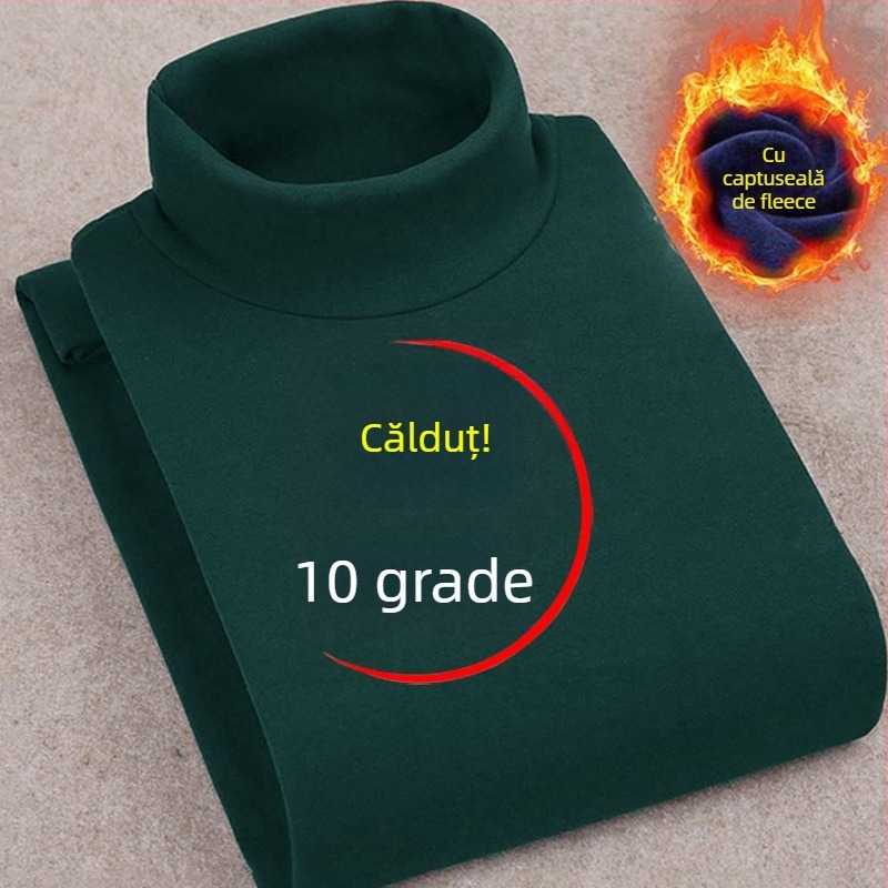 Tricou-pulover în stil coreean, căptușit cu fleece, guler înalt, croială Slim, mâneci lungi
