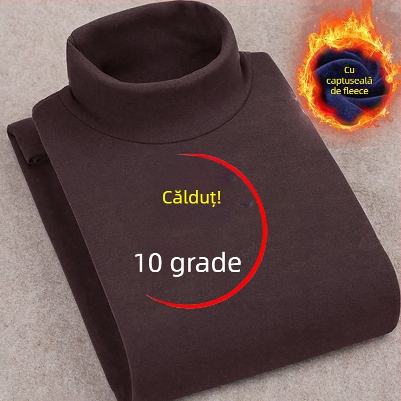 Tricou-pulover în stil coreean, căptușit cu fleece, guler înalt, croială Slim, mâneci lungi