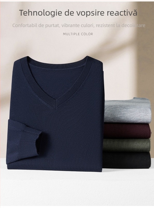 Pulover bărbătesc din lână cu decolteu în V, mânecă lungă, căptușeală din fleece, 30–35% lână, tricotaj gros