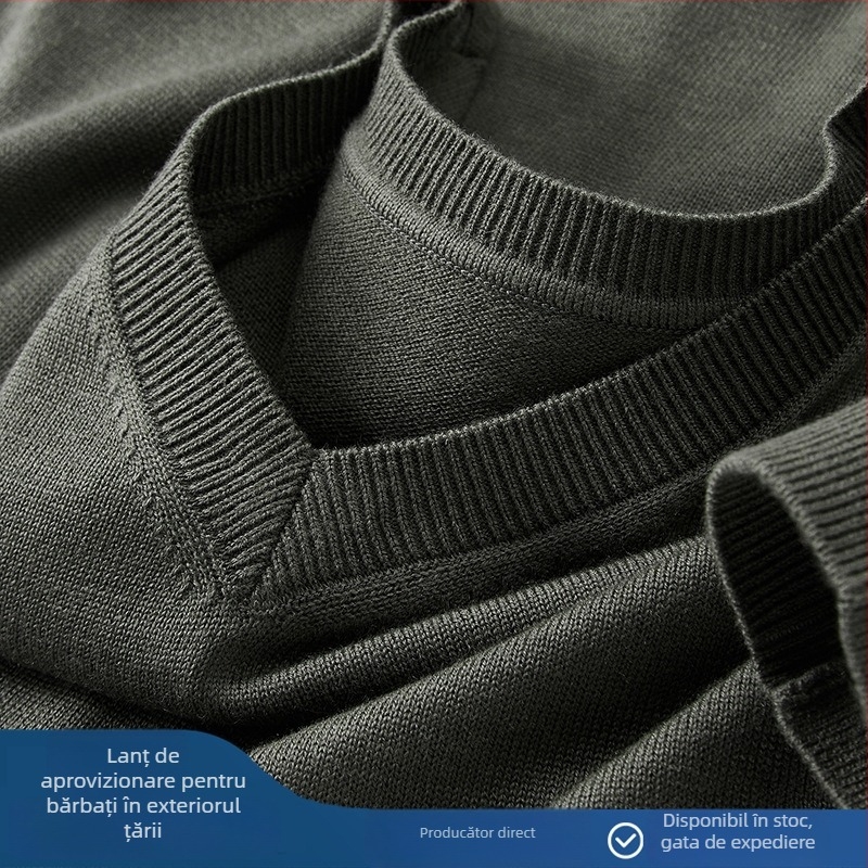 Pulover bărbătesc din lână cu decolteu în V, mânecă lungă, căptușeală din fleece, 30–35% lână, tricotaj gros
