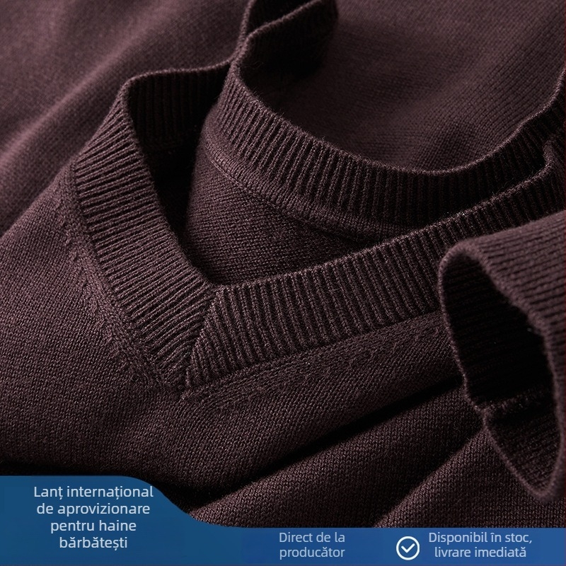 Pulover bărbătesc din lână cu decolteu în V, mânecă lungă, căptușeală din fleece, 30–35% lână, tricotaj gros