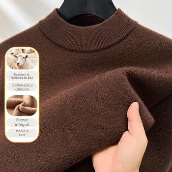 Pulover bărbătesc din lână, căptușit cu fleece, guler semi-înalt, tricot intarsia, amestec acrilic-lână, stil toamnă-iarnă