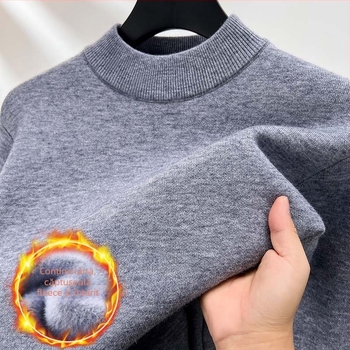 Pulover bărbătesc din lână, căptușit cu fleece, guler semi-înalt, tricot intarsia, amestec acrilic-lână, stil toamnă-iarnă