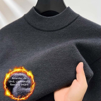 Pulover bărbătesc din lână, căptușit cu fleece, guler semi-înalt, tricot intarsia, amestec acrilic-lână, stil toamnă-iarnă