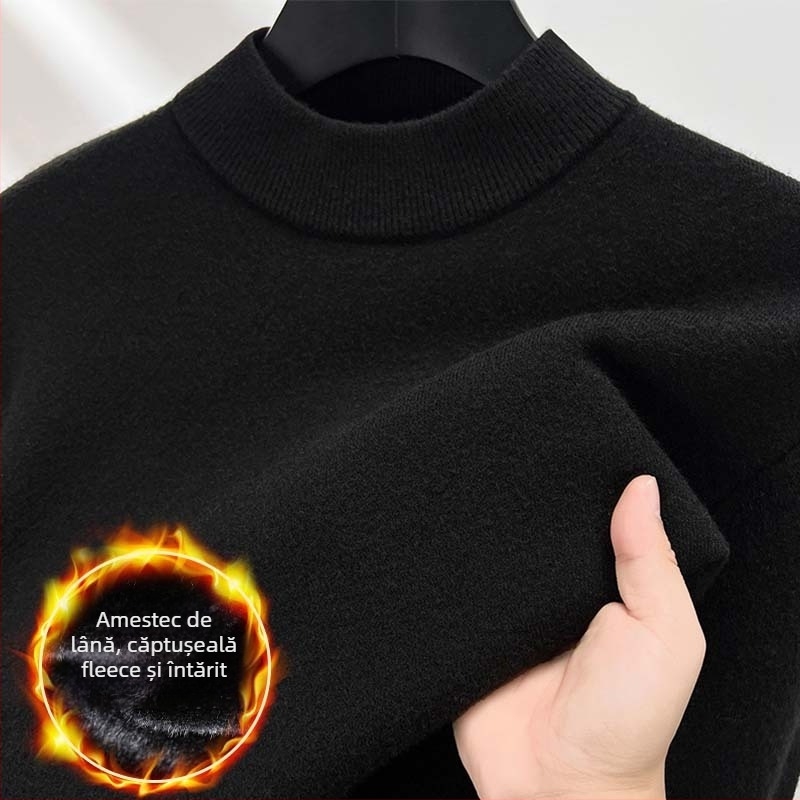 Pulover bărbătesc din lână, căptușit cu fleece, guler semi-înalt, tricot intarsia, amestec acrilic-lână, stil toamnă-iarnă