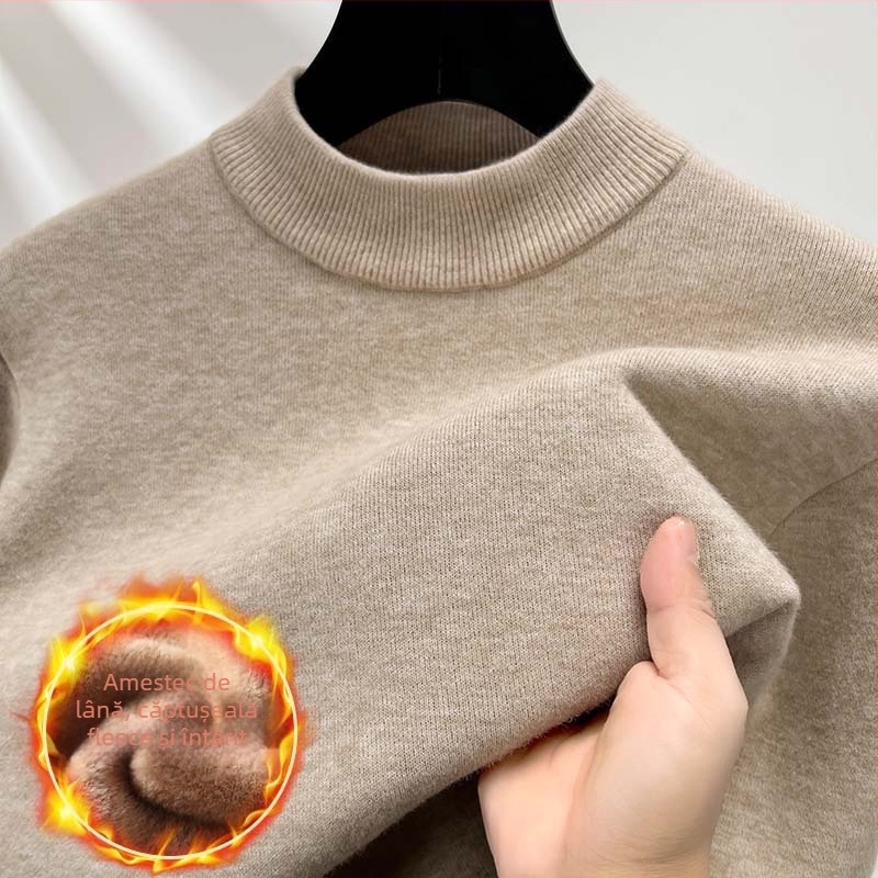 Pulover bărbătesc din lână, căptușit cu fleece, guler semi-înalt, tricot intarsia, amestec acrilic-lână, stil toamnă-iarnă