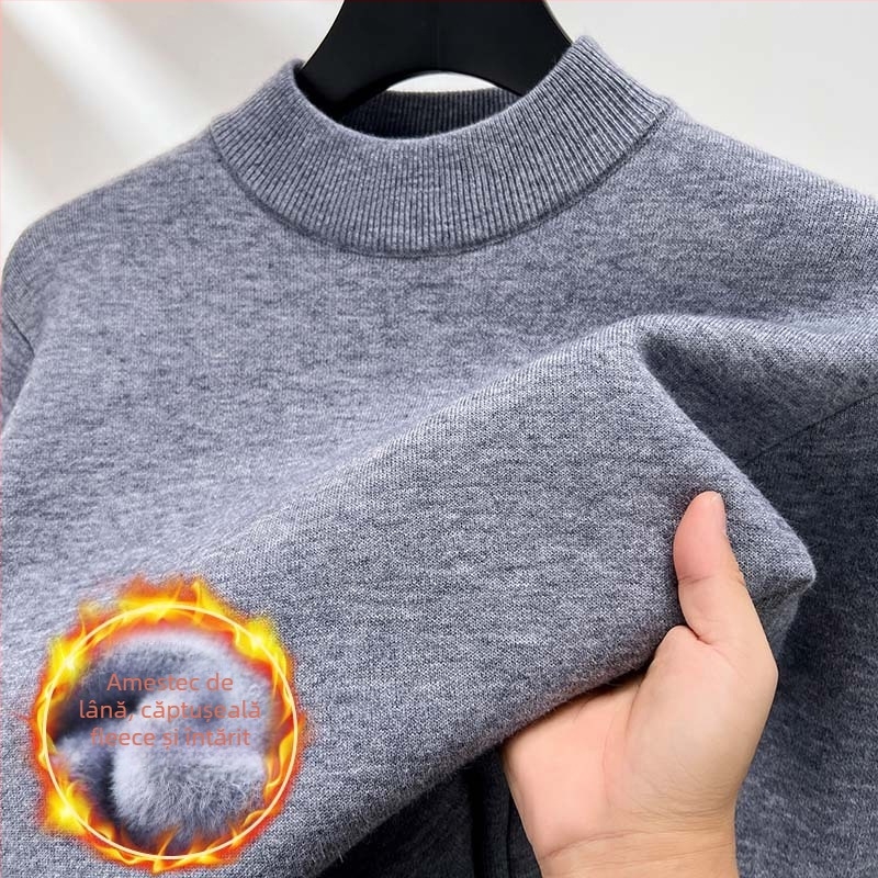 Pulover bărbătesc din lână, căptușit cu fleece, guler semi-înalt, tricot intarsia, amestec acrilic-lână, stil toamnă-iarnă