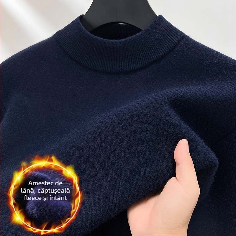 Pulover bărbătesc din lână, căptușit cu fleece, guler semi-înalt, tricot intarsia, amestec acrilic-lână, stil toamnă-iarnă