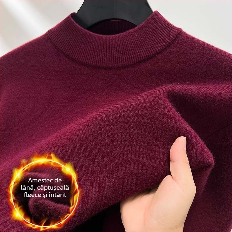 Pulover bărbătesc din lână, căptușit cu fleece, guler semi-înalt, tricot intarsia, amestec acrilic-lână, stil toamnă-iarnă