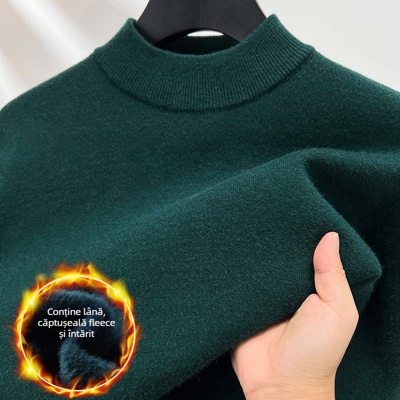 Pulover bărbătesc din lână, căptușit cu fleece, guler semi-înalt, tricot intarsia, amestec acrilic-lână, stil toamnă-iarnă