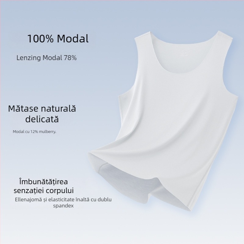 Tricou fără mâneci pentru bărbați, amestec Mulberry Silk Modal, guler rotund, ușor 121–140 g/m², stil sport