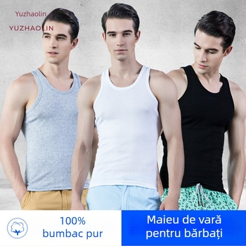 Maieu bărbați din bumbac 100%, fără mâneci, decolteu rotund, material ușor 121–140 g/m², vară 2025