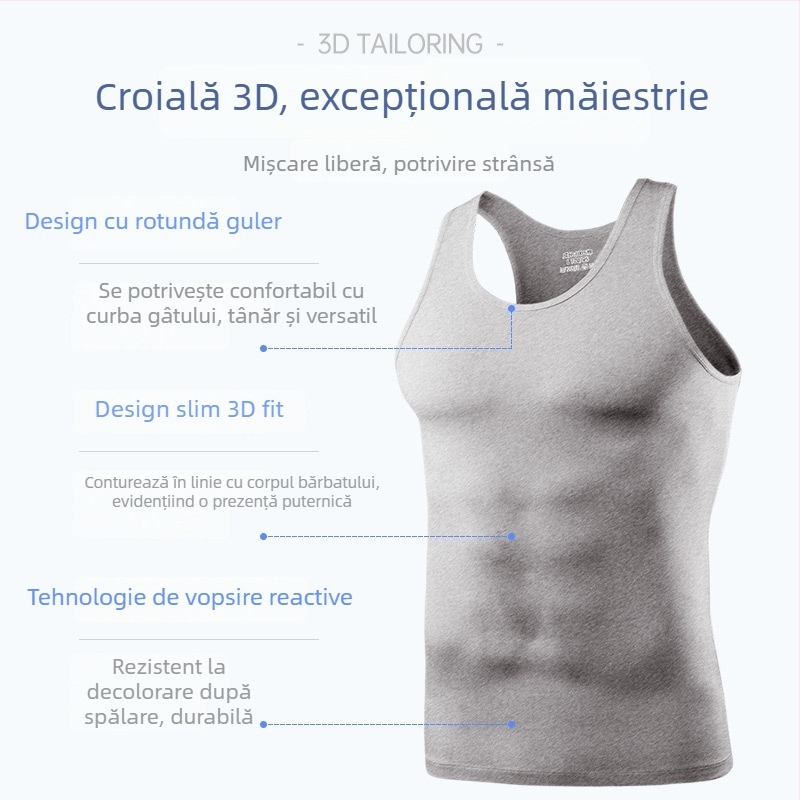 Maieu bărbați din bumbac 100%, fără mâneci, decolteu rotund, material ușor 121–140 g/m², vară 2025