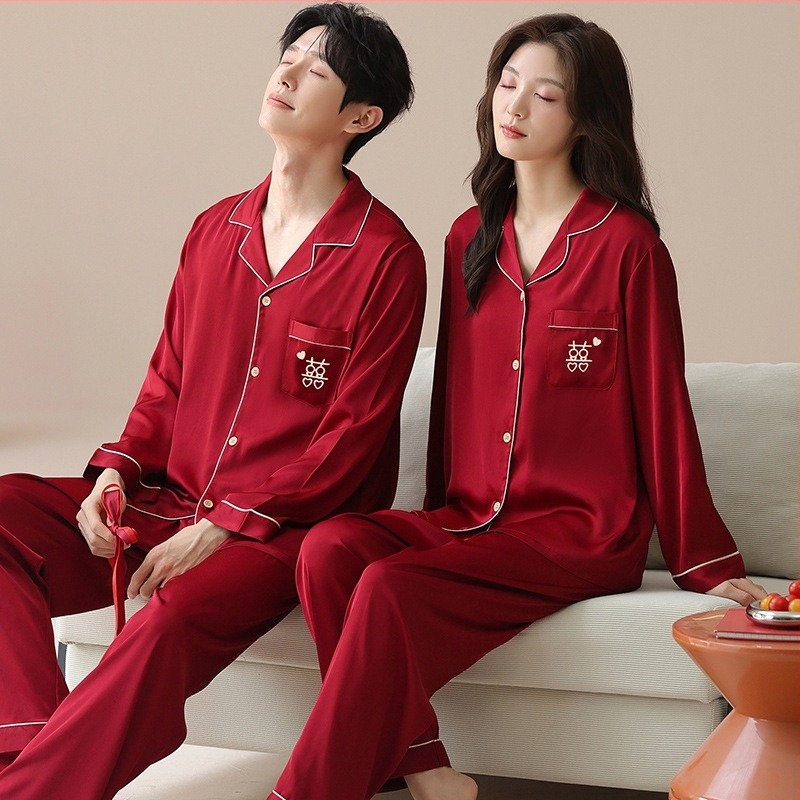 Set de pijama pentru cupluri din Ice Silk, stil chinezesc tradițional, decolteu în V, mâneci lungi, pantaloni lungi